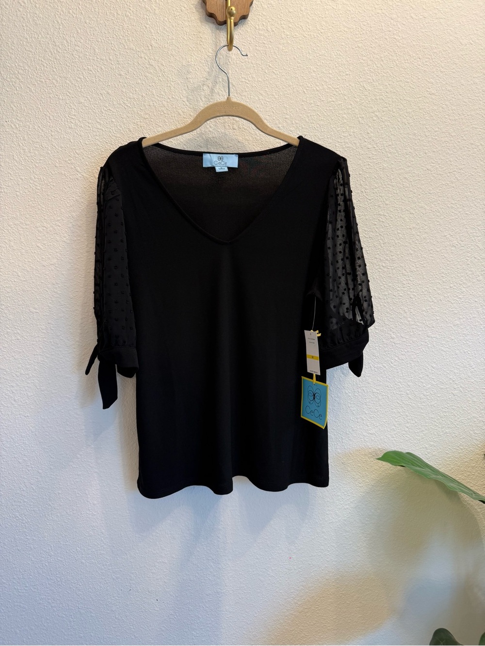 CeCe Black Sheer Sleeve Blouse Swiss Dot Tie Sleeve Top Size Medium NWT